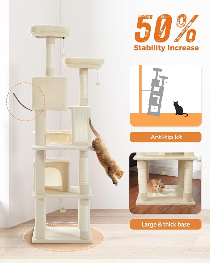 MUTTROS Tall Cat Tree 70.9", Large Cat Tower for Indoor Cats, Multi-Level Plush Cat Condo with 6 Scratching Posts, 2 Scratching Boards, 2 Perches, 2 Caves, Hammock, 2 Pompoms, Beige