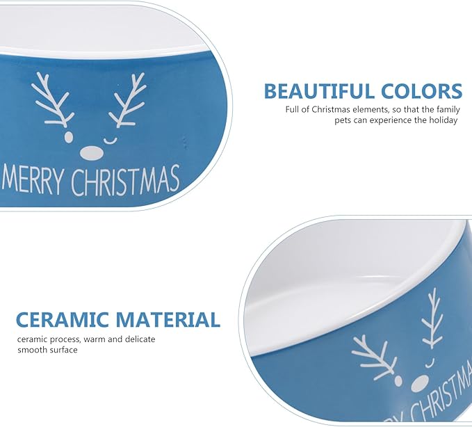 GALPADA Christmas Ceramic Cat Bowl and Pet Food Dish, Blue Reindeer Design, Sturdy Ceramic Material, Suitable for Cat Feeding and Watering, Holiday Themed Pet Supply for Indoor Use