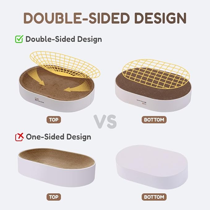 Extra Large Oval Cat Scratcher Lounge Bed - Heavy Duty Double-Sided Cardboard Scratching Pad, Modern White Cat Furniture & Sofa for Large Indoor Cats