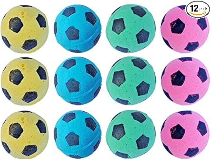 Cat Toy, Foam Sponge Soccer Ball (12 Pack), Interactive Pet Kitten Cat Exercise Toy Balls, Soft, Bouncy, Noise Free, Indoor, Pink, Yellow, Blue, Green