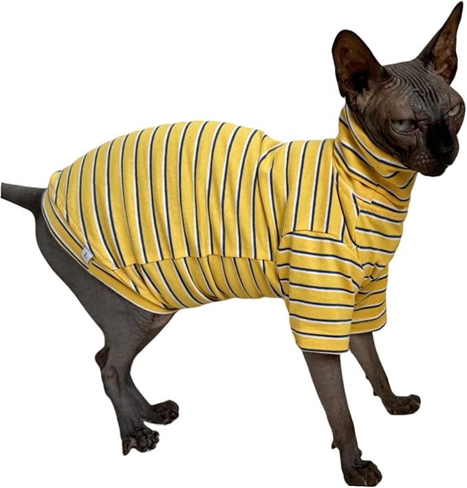 Vintage Stripes Sphynx Hairless Cats Shirt Cotton Cat Turtleneck Pet Clothes Kitten T-Shirts with Sleeves for Sphynx Cornish Rex, Devon Rex, Peterbald (Yellow Stripe, Medium (Pack of 1))