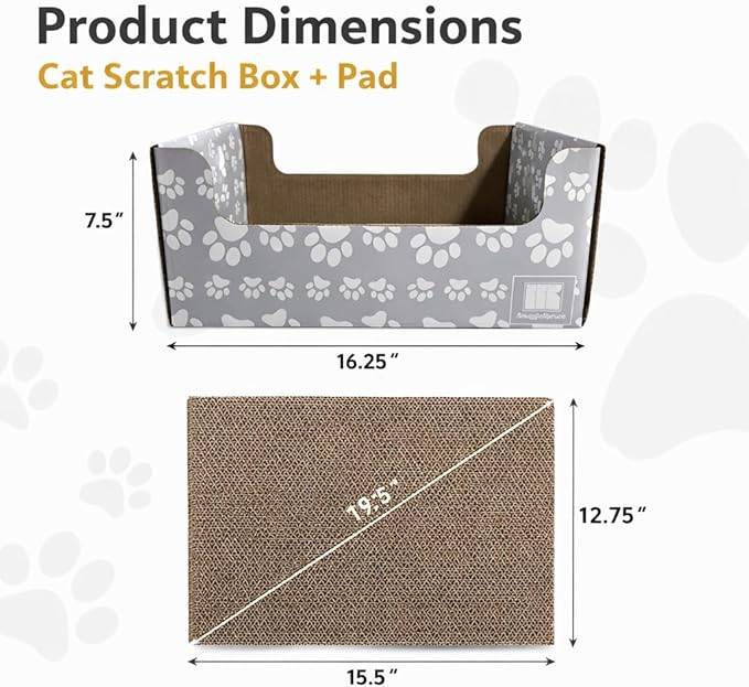 SnuggleSpruce Cardboard Cat Scratcher Box & Bed – 2-in-1 Reversible Scratch Pad for Indoor Cats – Heavy Duty Corrugated, Furniture Protector, 16"x13"x7.5", Gray