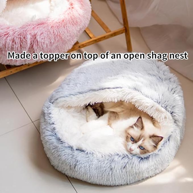 Cat Bed, Plush Hooded Cat Beds for Indoor Cats, Calming & Self Warming Cat Bed Cave, Cozy for Indoor Cat or Small Dog Bed, Removable & Washable with Non-Slip Bottom (Blue,Large)