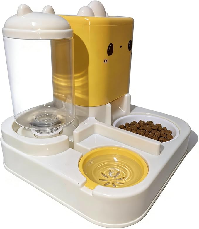 Pet Automatic Feeder Dog Cat Feeding Bowl and Water Dispenser with Refillable Storage Container Large Capacity Rabbit Feeder Watering (Yellow)
