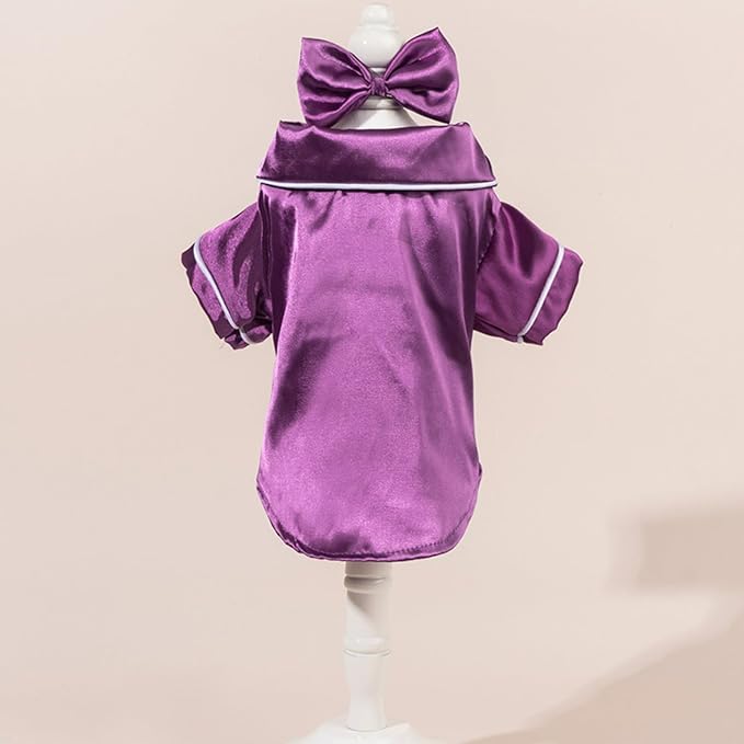 Cat Puppy Costume Elegant Satin Pajamas with Bow Headband 2PCs Set Pet Sleepwear Cute Pet Outfit Cosplay Partywear Photoshoots (Purple Set,Large)