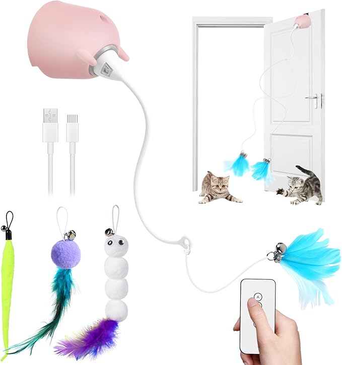 Cat Toys Interactive for Indoor Cats, Rechargeable Toy Hanging Door Electric with 4pcs Feathers Toys for Bored Kittens (Pink)