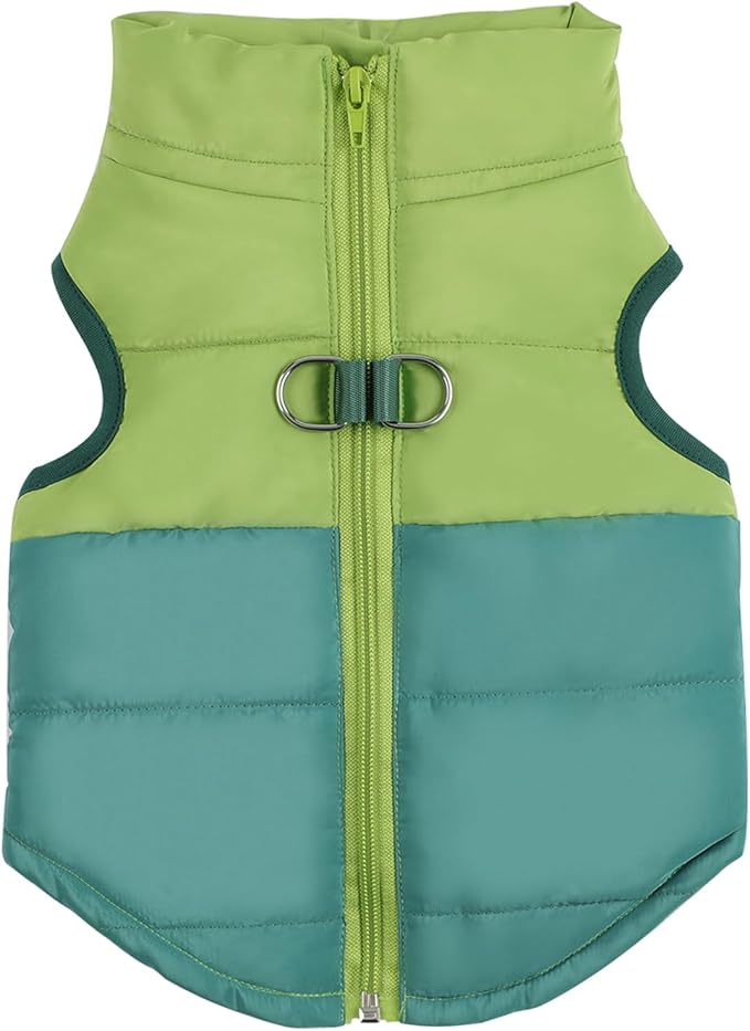 Winter Dog Coat with Leash Ring, Warm Jackets Puppy Cold Weather Coats Pet Clothes Cat Outfits for Small Dogs (Green+Dark Green, X-Small)