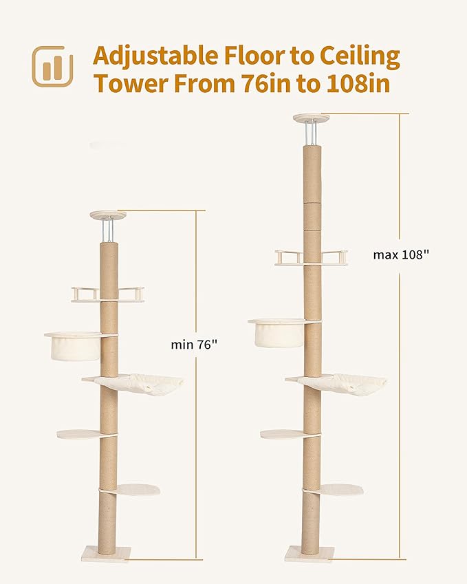 Aechonow 9ft Floor to Ceiling Cat Tree for Large Cats, 5'' Deep Nest-Like Hammock for Indoor Kittens, 5-Tier Adjustable Cat Tower(76-108Inch), Beige