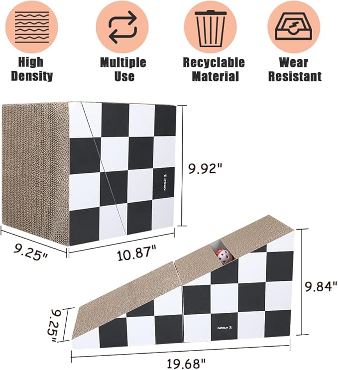 Simple Delxue Cat Scratching Board with Ball, Triangle Cat Scratching Cardboard, Multiple Scratching Angles, 2-in-1 Scratching Lounge Bed, Recyclable and Durable, Furniture Protector, Black and White