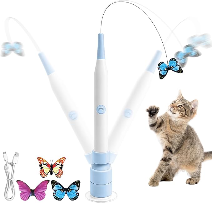 Rechargeable Automatic Cat Toy with Suction Cup, Interactive Cat Toys for Indoor Cats, Butterfly Feather Teaser Wand for Bored Kittens, Self Play Exercise Toy