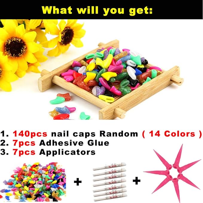 VICTHY 140pcs (14 Colors) Cat Nail Caps, Cat Claw Covers Cat Nail Covers with Adhesives and Applicators (Medium)