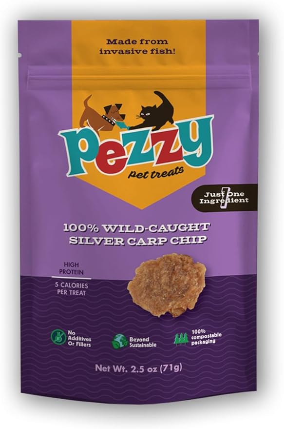 Pezzy Pets Silver Carp Chips Dog & Cat Treats | Single Ingredient | Wild Caught | Made w/Invasive Fish | Grain Free | High Protein + Low Fat | Hypoallergenic | Compostable Packaging | Made in The USA