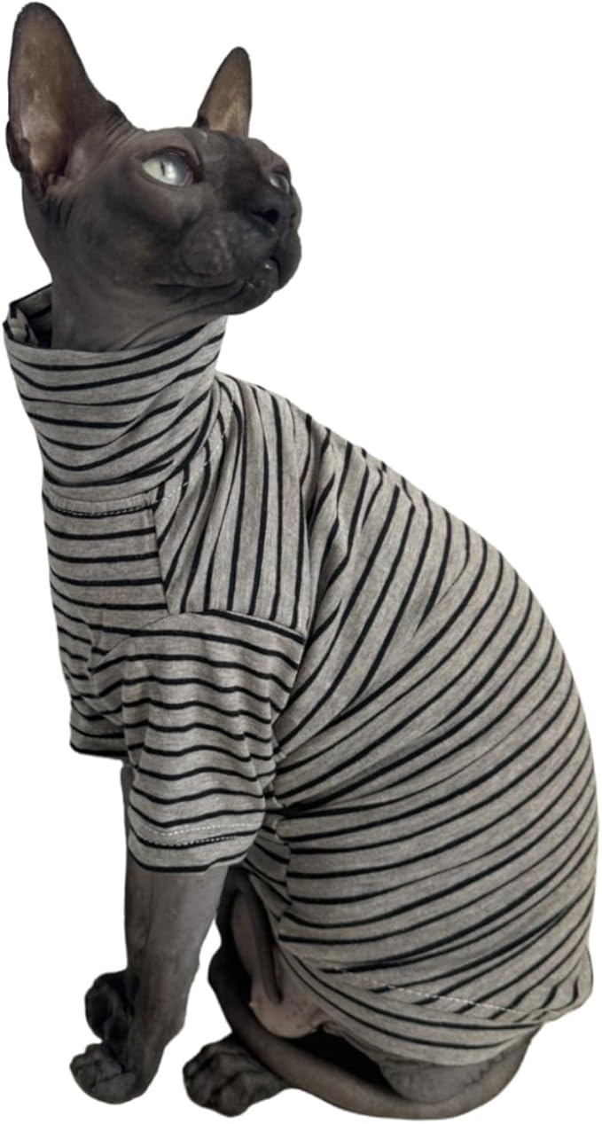 Vintage Stripes Sphynx Hairless Cats Shirt Cotton Cat Turtleneck Pet Clothes Kitten T-Shirts with Sleeves for Sphynx Cornish Rex, Devon Rex, Peterbald (Grey Stripe, Large (Pack of 1))