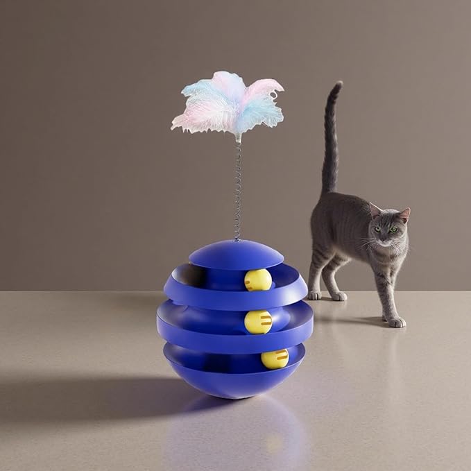 Interactive Cat Toy, Automatic Spinning Cat Toy for Indoor Cats, Engaging Kitten Toy with Feather for Exercise & Mental Stimulation, 3-Layer Cat Ball Track Durable Safe Toy to Reduce Boredom(Blue)