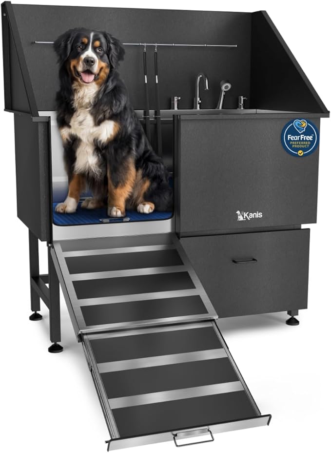 KANIS Professional Dog Washing Station 304 Stainless Steel Pet Wash Sink & Grooming Bathtub w/Shower, Floor Grates and Storage for Large, Medium & Small Pets (Black, 50 Inches, Left Ramp, 1 Drawer)