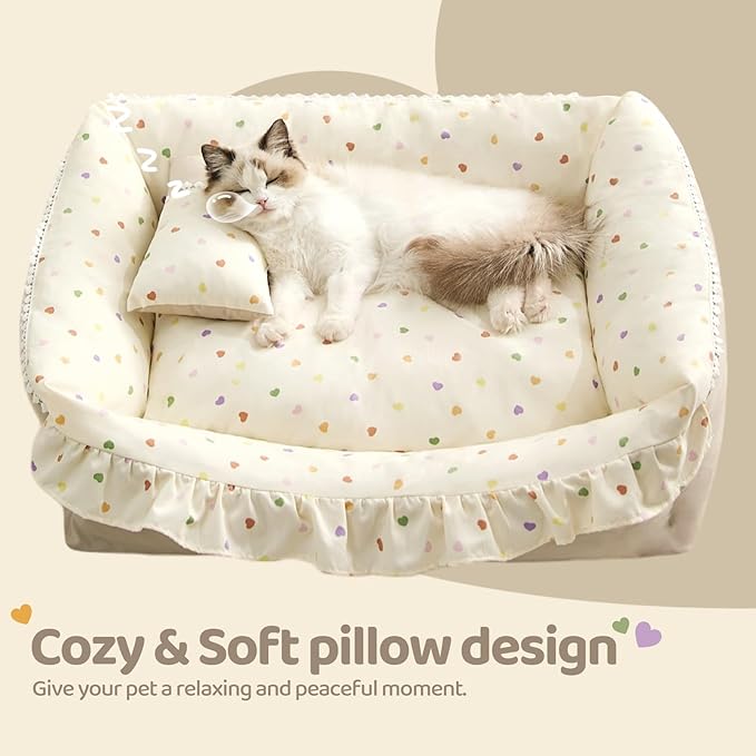 Jiupety Cat Bed for Indoor Cats Removable Washable Pet Beds with Slip-Resistant Bottom Ruffled Puppy and Kitten Beds with Pillow, Beige 21"x15"