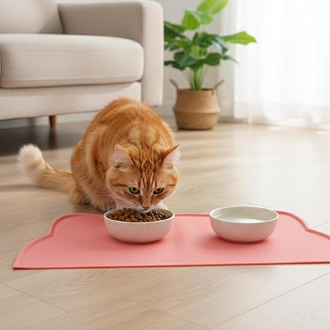 Xindojuz Cat Bowl Mat for Food and Water, Silicone Pet Feeding Food Mat for Floor Waterproof Non-Slip Dog Water Bowl Tray Cushion with Raised Edge for Indoor Cats Dogs Pet Placemat (Pink, 44×26 cm)