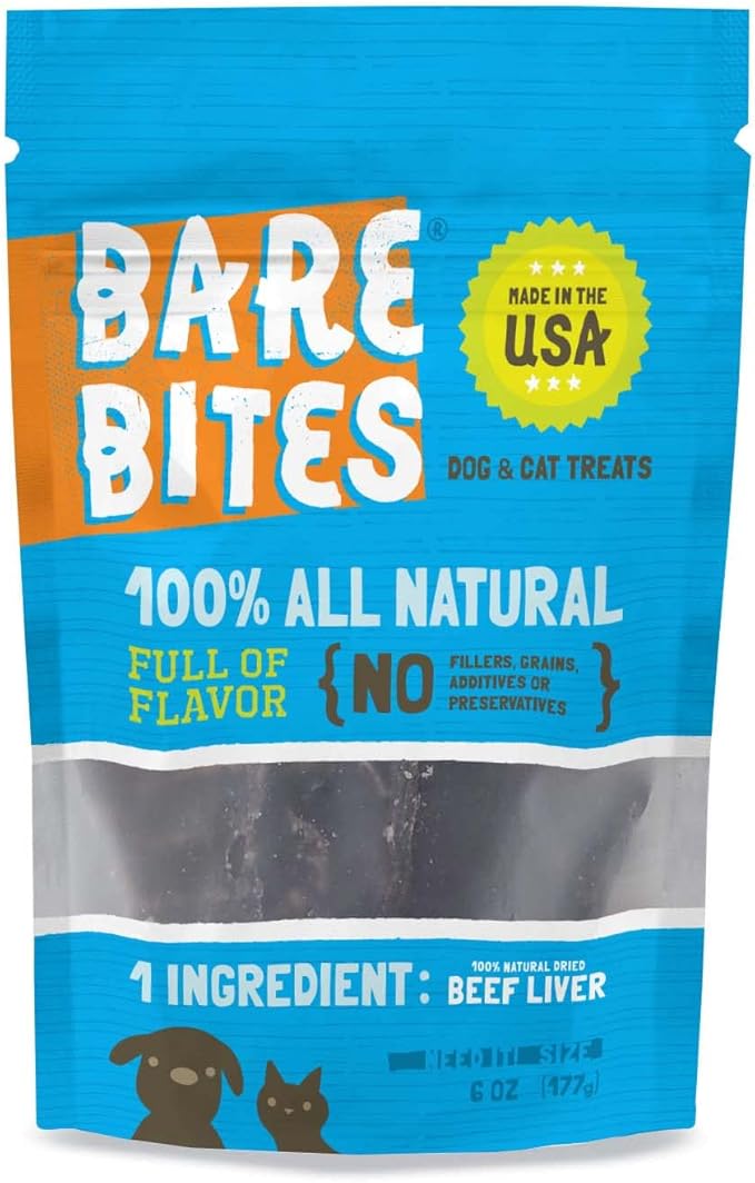 Bare Bites - 100% All Natural Dehydrated Beef Liver Dog and Cat Treats (6 Ounce Bag) (6 Ounce Bag)