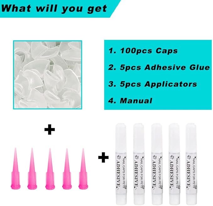 100pcs Cat Nail Caps Clear Cat Claw Covers Kitten Nail Caps with Adhesives and Applicators (L Clear)