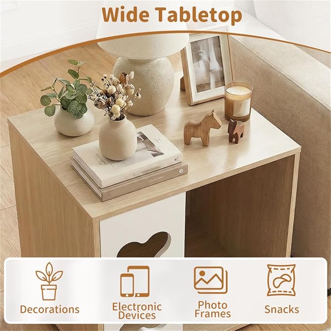 Wooden Cat Dog House Side Table, 2-in-1 Pet Bed Condo with Bone-Shaped Window and 2" Sturdy Metal Legs, Indoor Pet Crate Furniture, Decorative End Table Nightstand for Small Dogs Cats