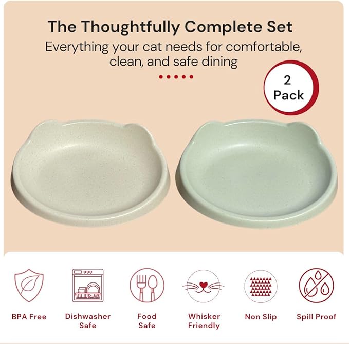 7 Ruby Road Anti Whisker Fatigue Cat Bowls Set of 2 - Wide Shallow Cat Food Bowls for Indoor Cats, Non-Slip Cat Dishes