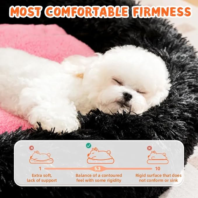 Calming Dog Cat Bed, Anti-Anxiety Donut Warming Cozy Soft Round Bed, Machine Washable, Fluffy Faux Fur Plush Cushion Bed for Small Medium Dogs and Cats 25.6 in