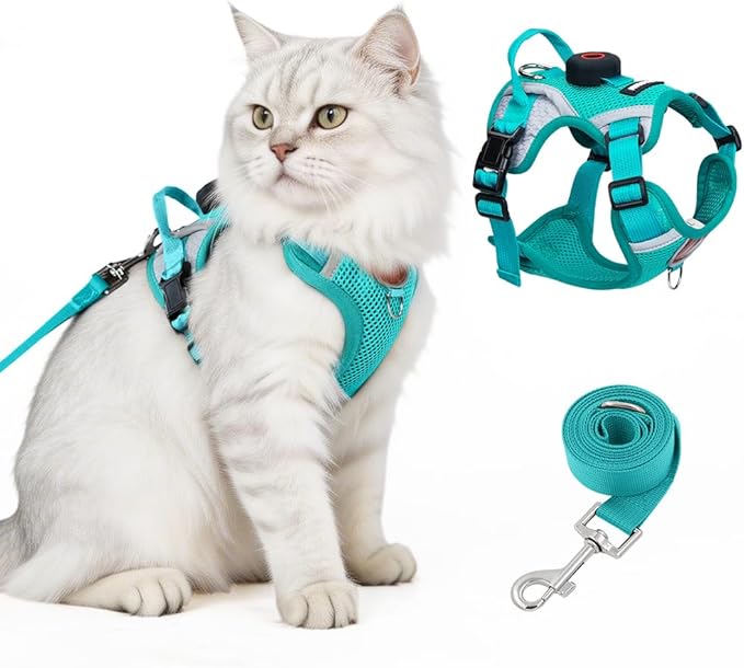 Cat Harness and Leash Set with Holder Compatible with AirTag, Escape Proof Kitten Harness with Lead for Small Cats, Soft Mesh Puppy Jacket Vest for Outdoor Walking, Reflective & Adjustable, Green, S