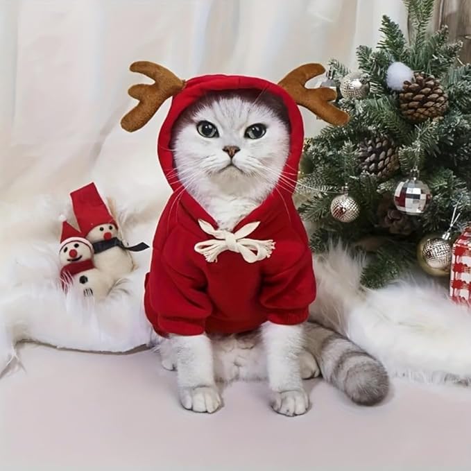 New Christmas Dog Hoodie Elk Pocket Sweater Small and Medium Pet Cat Red Clothes (Elk Pocket Sweater,M)
