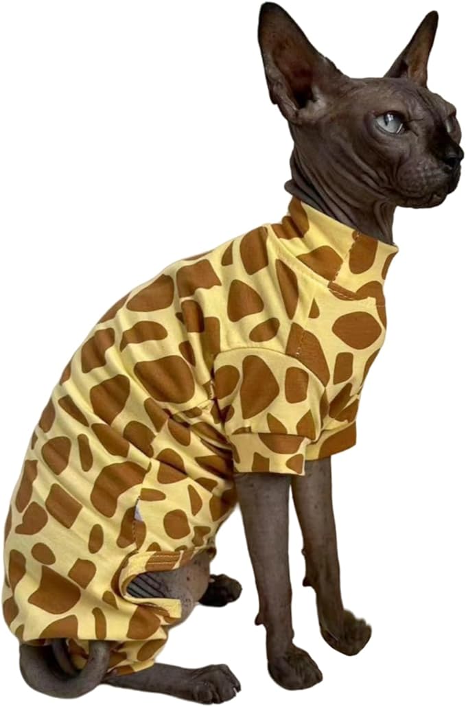 Sphynx Cat Four Leg Cotton Pajamas Elastic Pet Clothes for Hairless Cats Surgery Recovery Suit Undershirt Thermal Clothes for Sphynx, Devon, Cornish (Giraffe, L)