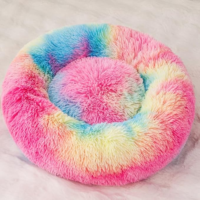 Cat Beds for Indoor Cats Donut Dog Bed for Puppies Plush Soft Kitten Beds for Indoors Kittens Fluffy Faux Fur Rabbit Pillow Non Skid Base Indoor Kitten Bed Within 2.5KG