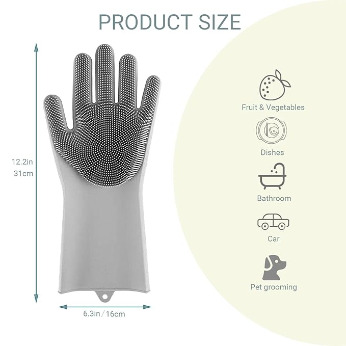 Dog Washing Gloves with Bristle Scrubbers,Pet Grooming Gloves,Massage Mitt with Enhanced Five Finger Design,Silicone Gloves for Dogs and Cats Bathing, Massage(Grey)