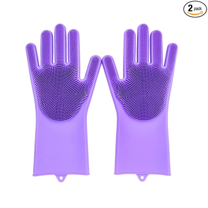Pet Grooming Gloves Silicone Gloves with High-Density Teeth Enhanced Five Finger Design for Dogs Cats Bathing Massaging (Purple)