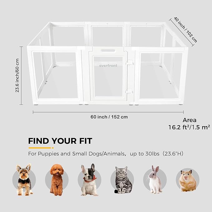 EVERFRONT Clear Acrylic Dog Playpen - Clear Dog Play Pen - Easy Assemble Acrylic Dog Playpen - Puppy Playpen, Cat Playpen, Small Animal Playpen, Dog Play Pen Indoors