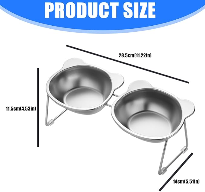 Double Bowl Elevated Cats Feeders Stainless Steel Bowls Ergonomic Feeders for Dog Health Eating Watering Double Cats Food Bowl