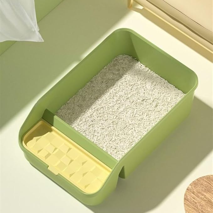 Pet Supplies, Open Top Cat Litter Box with High Sides, Semi-Closed Pan for Indoor Cats(Green)