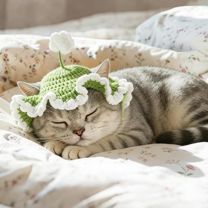 2 PCS Pet Costume Hats Cat Dog Cute Frog and Flower Headband Crochet Knitted Cap Big Eye Frog Party Cosplay for Kitten Puppy Pet Birthday Hat