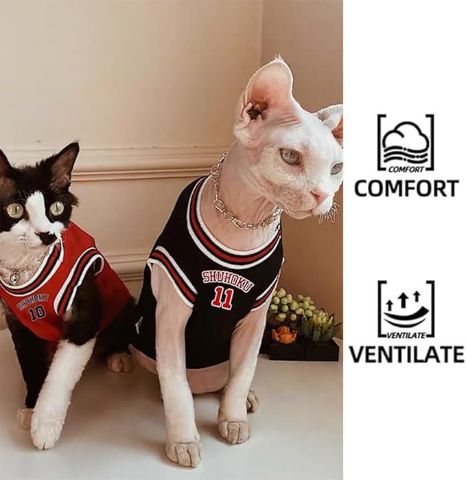 Sphynx Cat Basketball Jersey, Anime-Inspired Pet Shirt, Breathable Stretchy Cotton Outfit for Hairless Cats & Small Dogs, Sleeveless Sport Costume for Cats (Black, Medium (3.5-5 lbs))
