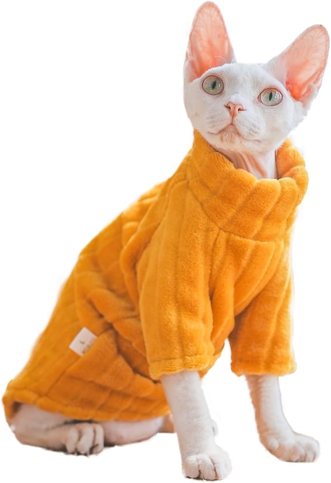 Turtleneck Sweater for Sphynx Cat Soft Coral Fleece Cat Clothes Thick Winter Warm Outfit Coat for Hairless Cats and Small Dogs Apparel with Sleeves (Orange, XL (9-13 lbs))