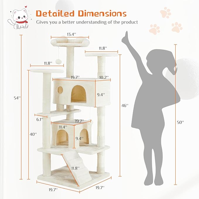 FluffyDream Cat Tree Tower for Indoor Cats, 54 Inches Multi-Level Activity Cat Tree with Sisal Scratching Posts Cat Play House Large Kitten Condo Funny Toys Climbing Ladder, Beige,Premium
