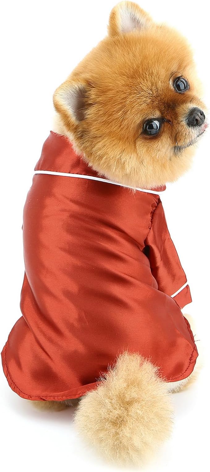 PAIDEFUL Soft Faux Silk Sleepwear for Small Dogs Cats Lapel Doggie Loungewear Lightweight Breathable Puppy Pajamas PJS Two-Legged Pet Shirt Clothes Summer Chihuahua Apparel Button Up,Burgundy,XS