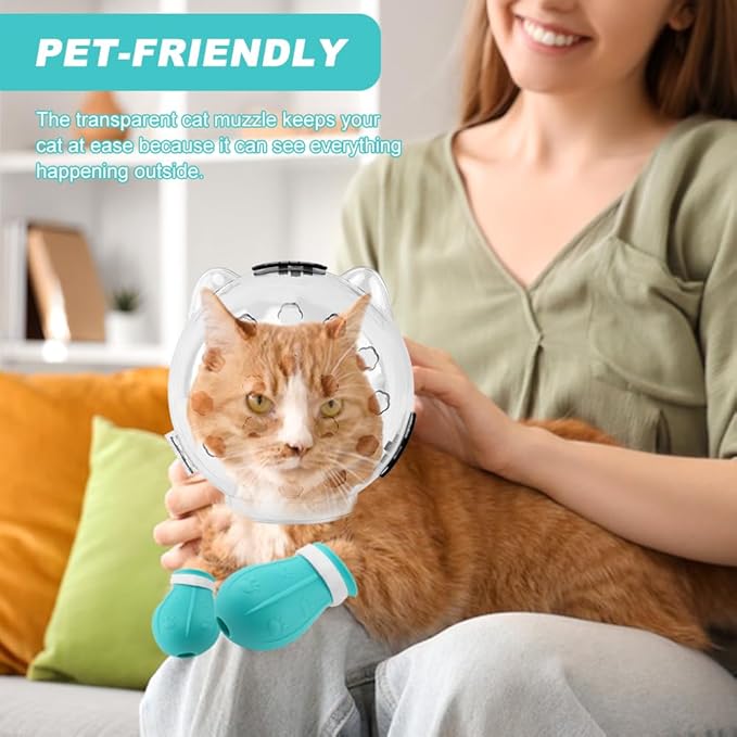Breathable Cat Muzzle with Anti-Scratch Silicone Boots, Adjustable Transparent Helmet & Grip Socks for Grooming, Vet Visits, and Nail Trimming(Size:M)
