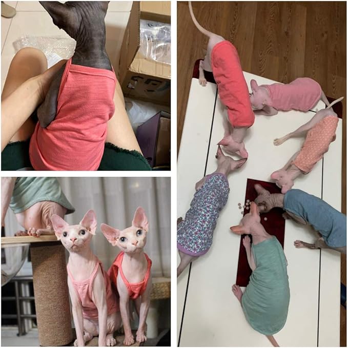 Hairless Cats Solid Cotton Camisole, Breathable Summer Tank Tops for Sphynx, Cornish Rex, Devon Rex, Peterbald, Cat Wear Hairless Cat Clothes Soft Skin-Friendly Cats Apparel Assorted Colors and Sizes