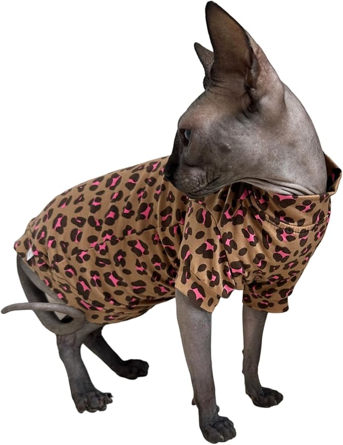 Limited Edition Sphynx Cat Cotton T-Shirts Hairless Cat Sweatshirt Pet Kitten Clothes Round Collar Kitten Shirts Vest Cats & Small Dogs Apparel (Pink Brown Leopard, XL (10-12 lbs))
