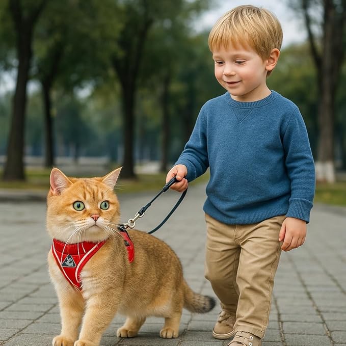 Cat Chest Harness and Leash Set for Walking Escape Proof, Soft Adjustable Vest Harnesses for Cats, Kitten Jacket with Reflective Strip, Easy to Put on with 3 Buckles for Traveling (Blue, M)