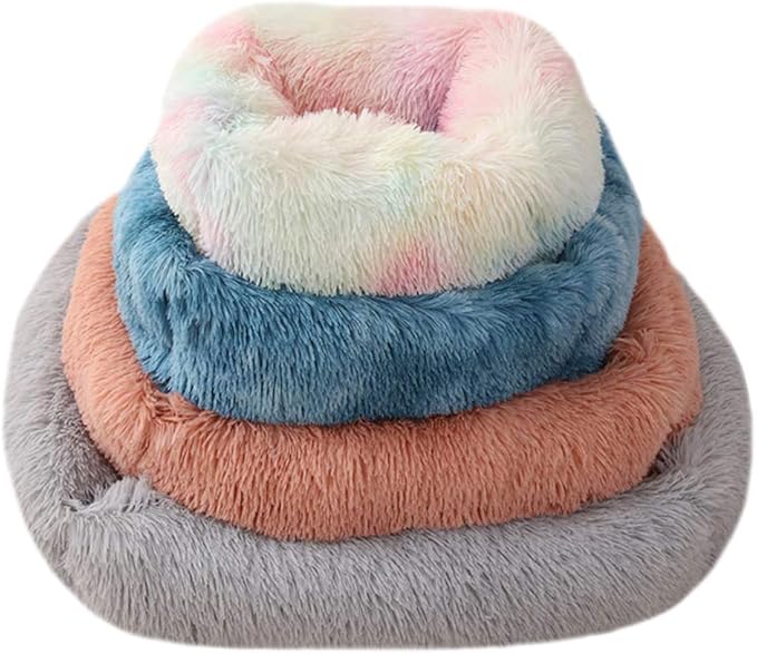 La La Pet® Donut Dog Cat Bed Cozy Cave Pet Bed Burrow Dog Bed Calming Cuddler Self-Warming Pet Bed Soft Plush Pet Cushion Improved Sleep for Cats Small Medium Dogs Rainbow XS