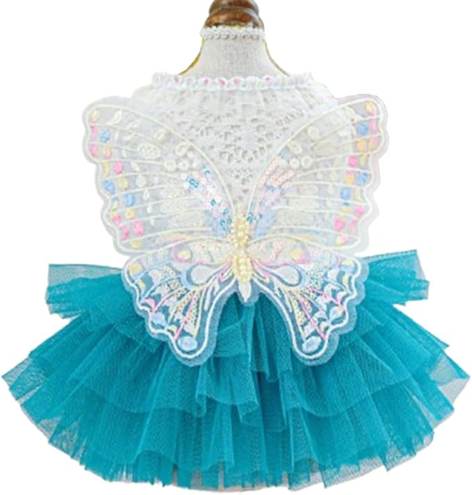 ANIAC Butterfly Dog Dress with Blue Tutu Funny Dog Clothes with Wing Girl Puppy Dress for Small Dogs Pet Butterfly Costume Holiday Cat Outfit for Halloween Birthday Wedding (Lake Blue, X-Large)