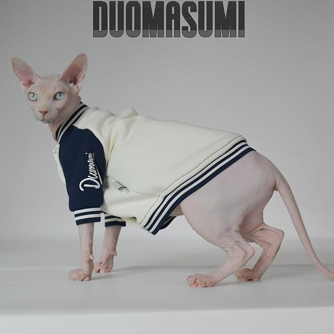 Fashion Warm Soft Thick Cat Winter Clothing, Soft Baseball Style Shirt for Sphynx, Devon, Cornish, Kitten, Hairless, Abyssinian, Small Cats (Blue, Medium)