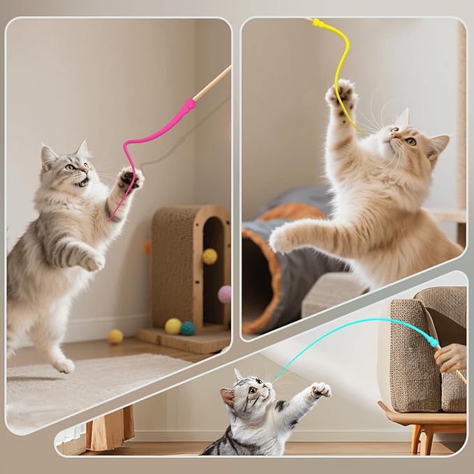 Cat Wand Toy,Cat Toy Wand,Cat Toy on Stick 3 PCS Silicone Ultra-Light Durable Tail Non Feather Teaser Used for Stress Relief (Colorful Styles)