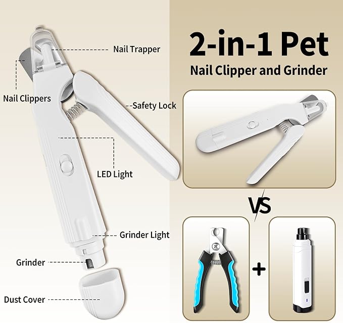 2-in-1 Dog & Cat Nail Clippers and Grinder with Light, Safety Guard, Painless Quiet Pet Nail Claw Trimmers, USB Rechargeable Pet Nail Trimmer, for Large Medium Small Dogs Cats Claw Trimmer, White
