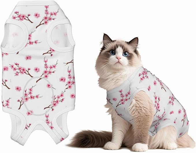 Dog Surgery Recovery Suit for Female Male Dogs Postoperative Protective Pet Clothes (Branch Flourishing Tree Cherry Flowers Blossoms Spring Theme Art)